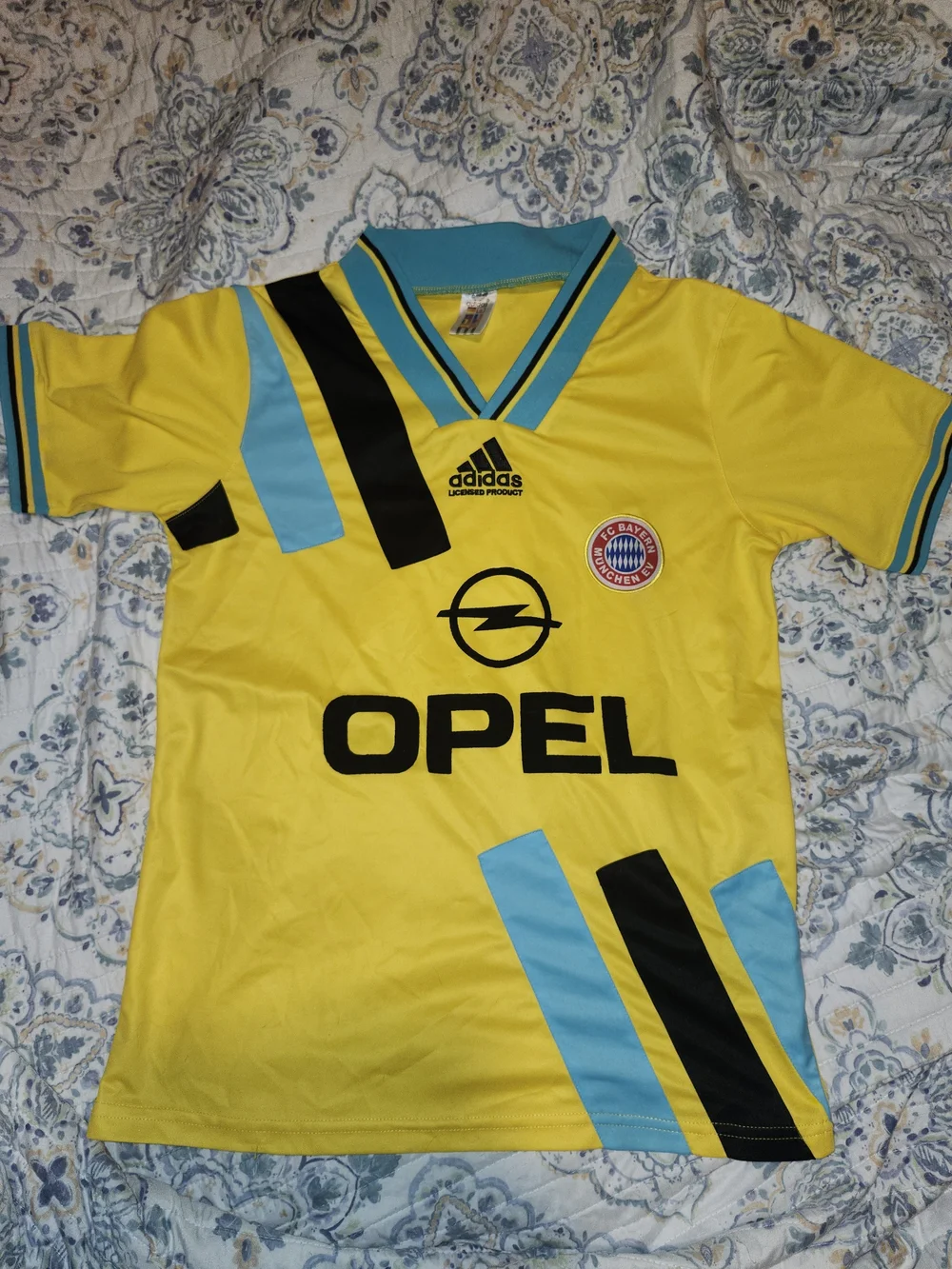 adidas Yellow Soccer Jersey with Blue and Black Stripes and Opel Logo
